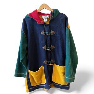 W Wear 2 Fleece Hooded Jacket Colorblock Sz M-XL patch Pockets Toggle Closure